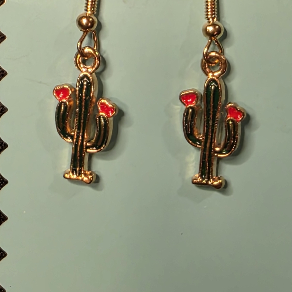 Cactus Gold/Green/Red Dangle Earrings